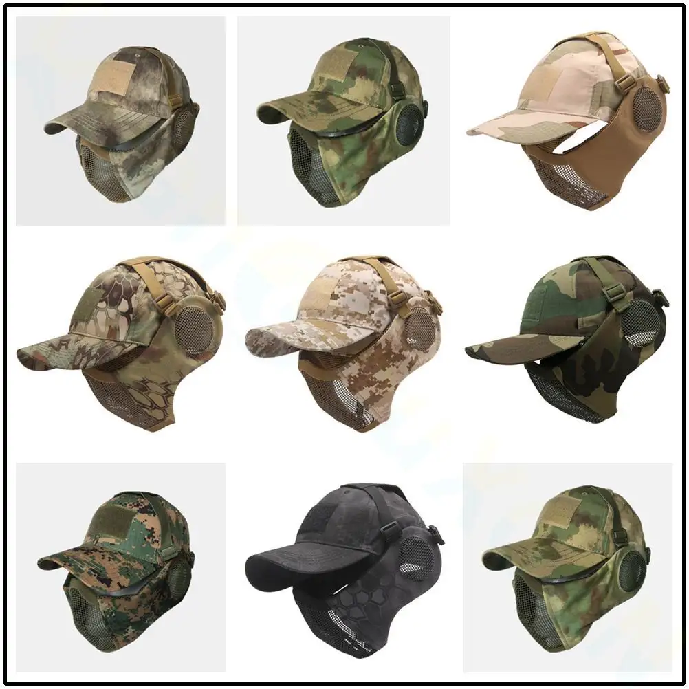 Tactical Airsoft Military Mask Half Face Strike Metal Mesh Protective Skull Mask & Cap Ear protection Hunting Accessories