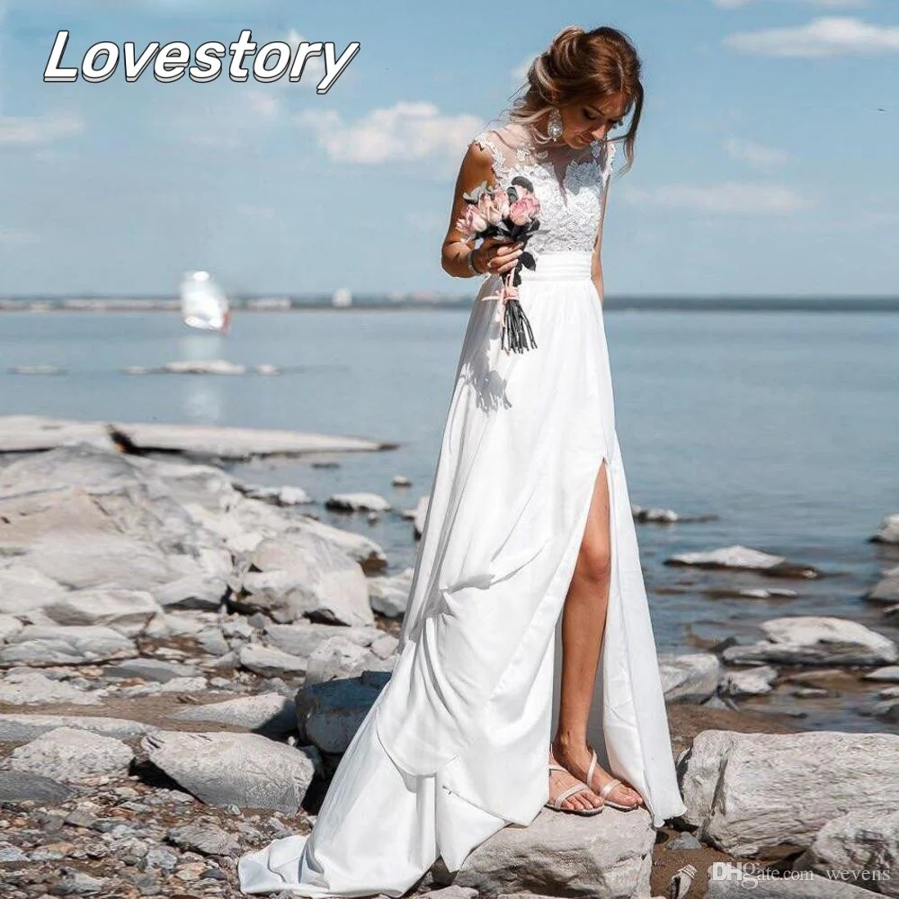 

Elegant Beach A-Line Wedding Dresses Sleeveless Bride Robes Buttons O-Neck Appliques Bridal Gown Split Side Vestidos De Noiva