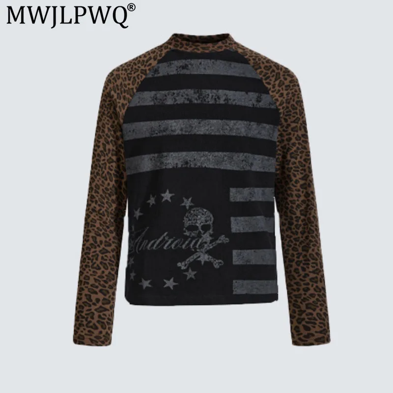 MWJLPWQ Y2k Vintage Distressed Long-Sleeve T-Shirt Unisex American-Style Leopard Print Patchwork Raglan Sleeves Tops 21377