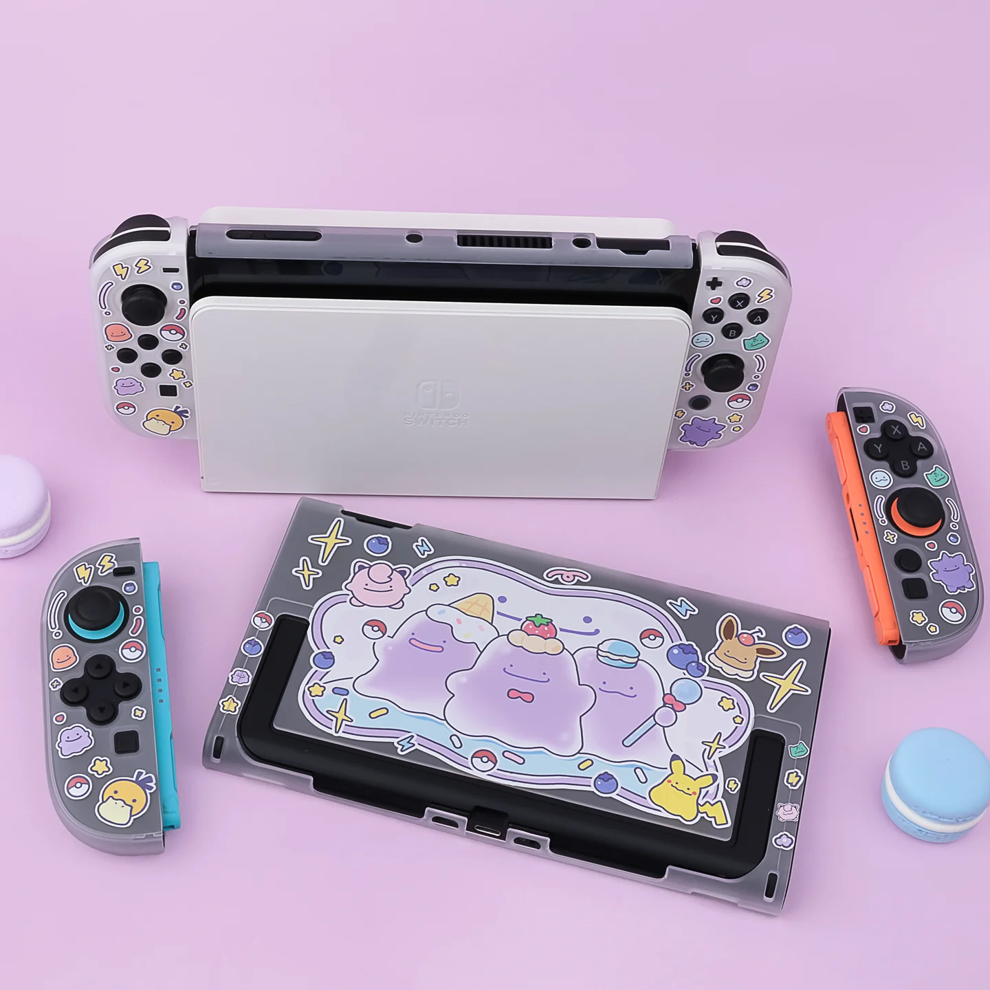 Cartoon Cute Switch Transparent Protective Case for Nintendo Switch 2/OLED Console Hard Cover Joy-Con Stick Caps Accessories