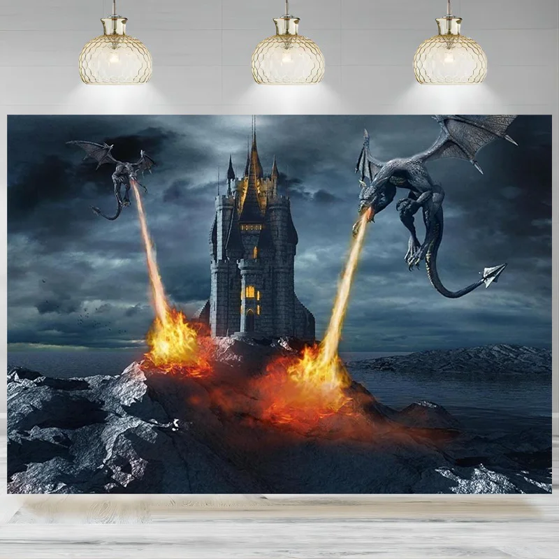 

Gothic Castle Dragons Backdrop Photography Fantasy Two Dragons Castle Fire Night Sky Background Party Decoration Banner