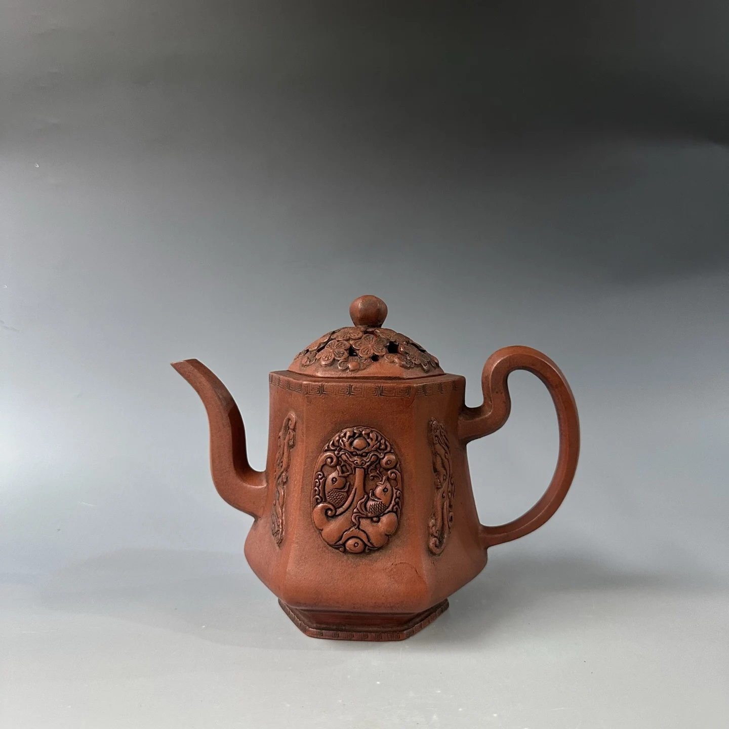 Old Chinese Handicraft Enameled YiXing Zisha Teapot,Fish,with mark, Free shipping