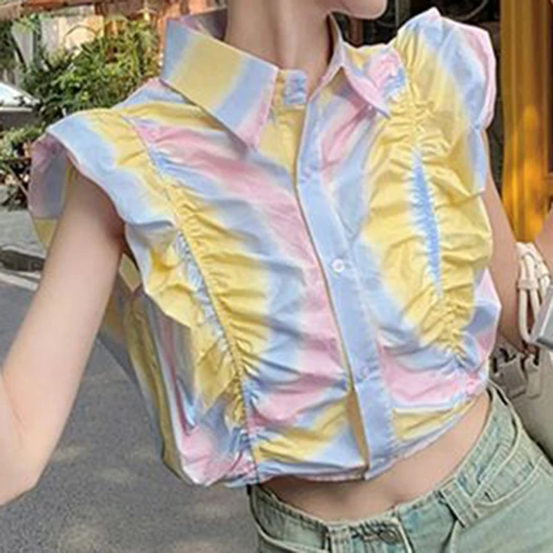 Dopamine usa una camisa de colores difuminados para mujer, top corto plisado sin mangas, elegante, nueva moda de verano 2024