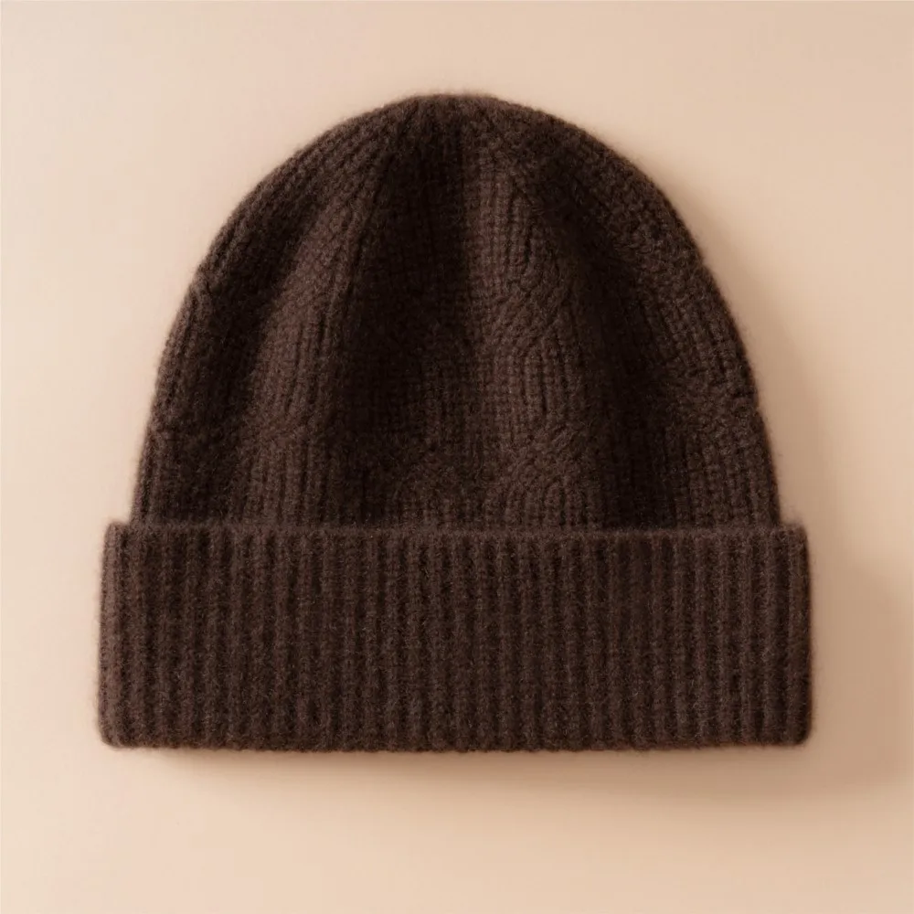 Thickened 100% Cashmere Knit Hat Women Warm Beanie Classic Cable Ribbed Soft Comfortable  Winter Headwear Outdoor Windproof