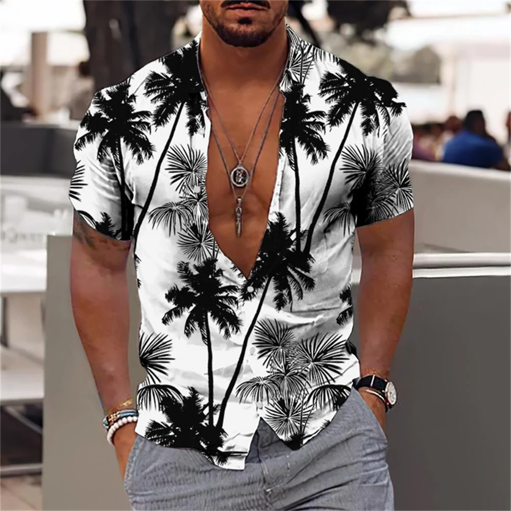

Hawaiian Tropical Coconut Tree Shirt for Men Vacation Summer Beach Tops Elegant Flower Pattern Leaves Social Fashion Clothing