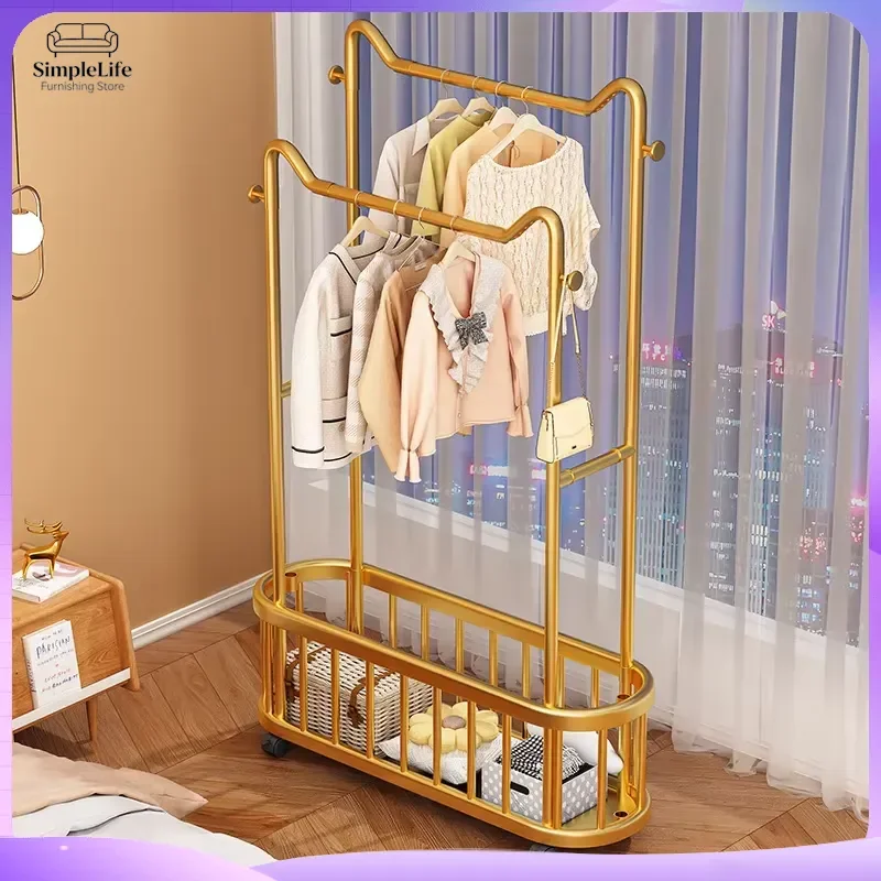 Metal Coat Rack Stand Double Rod Clothes Hanger Organizer for Bedroom Living Room Balcony Heavy Duty Garment Rack Storage