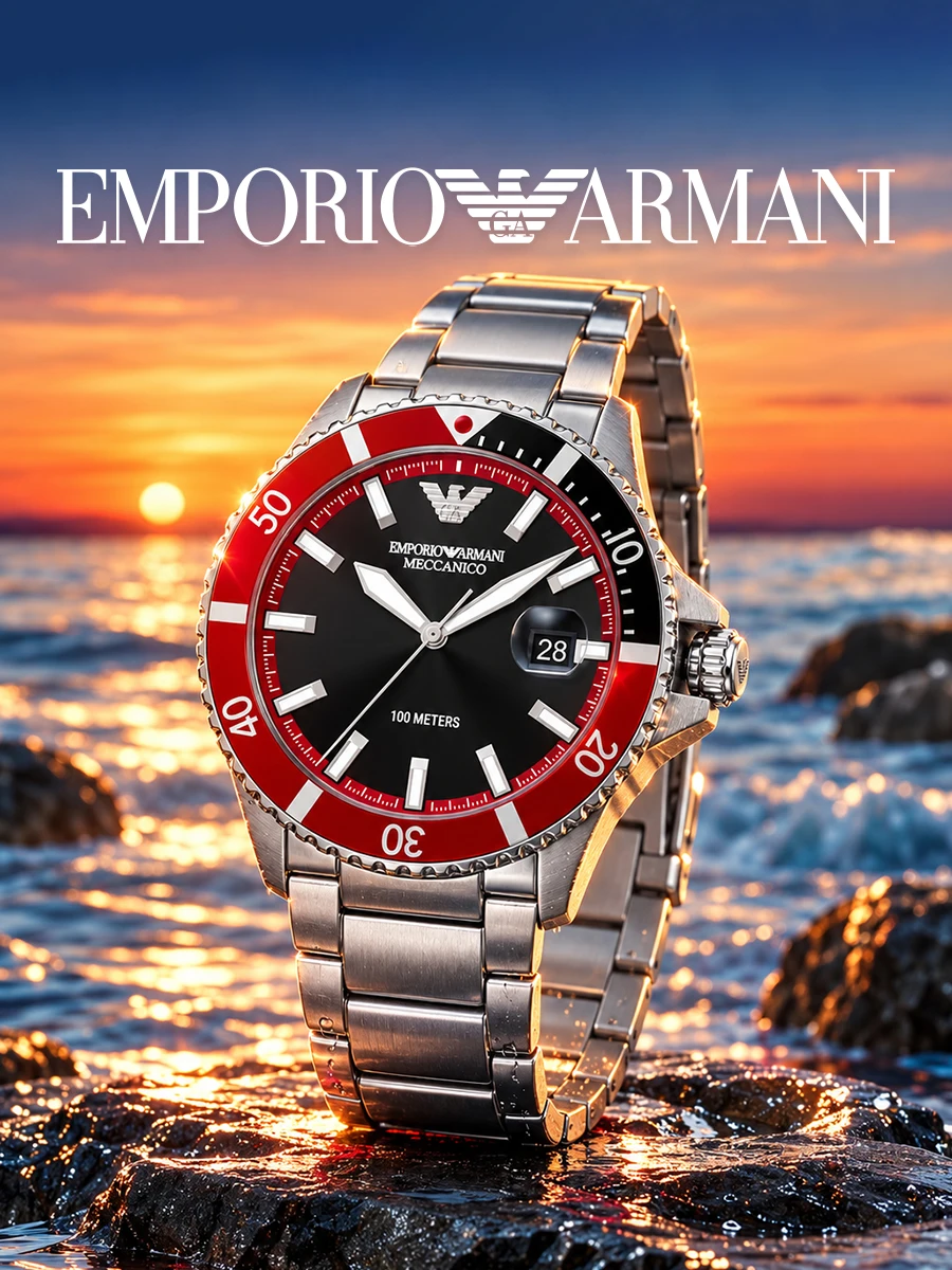 Emporio Armani AR60074 Men's Automatic Watch Silver Steel Band Black Dial Red Bezel Date Diving Sport Casual Wristwatch for Gift