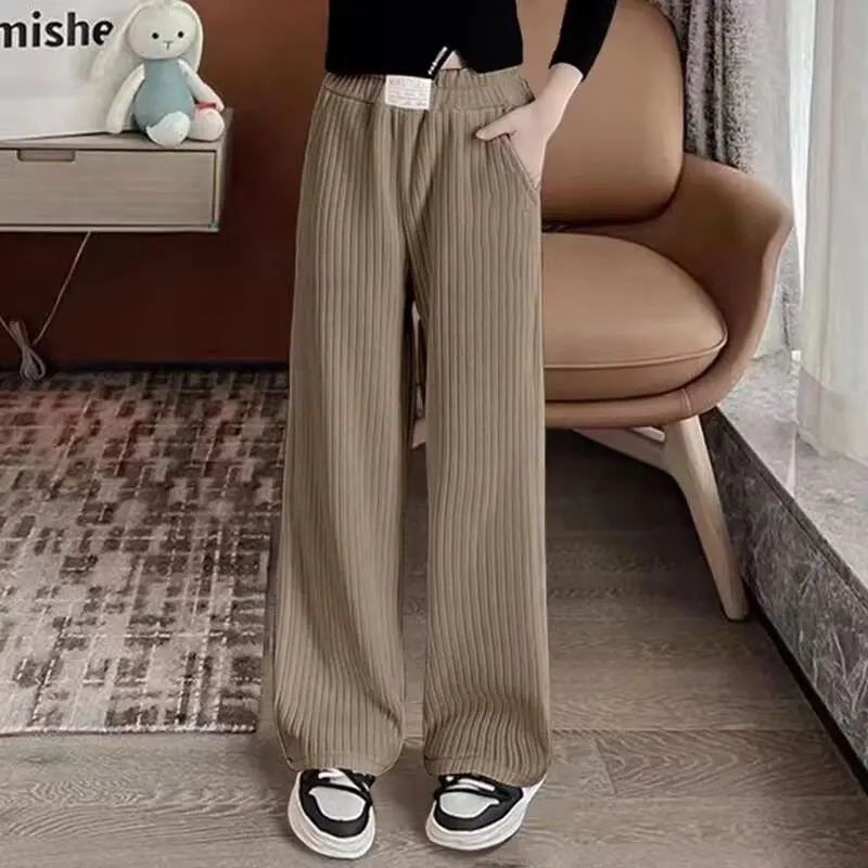 2026 Spring Autumn Girls Corduroy Pants Solid Color Warm Wide Leg Casual Trousers for Middle & Big Kids
