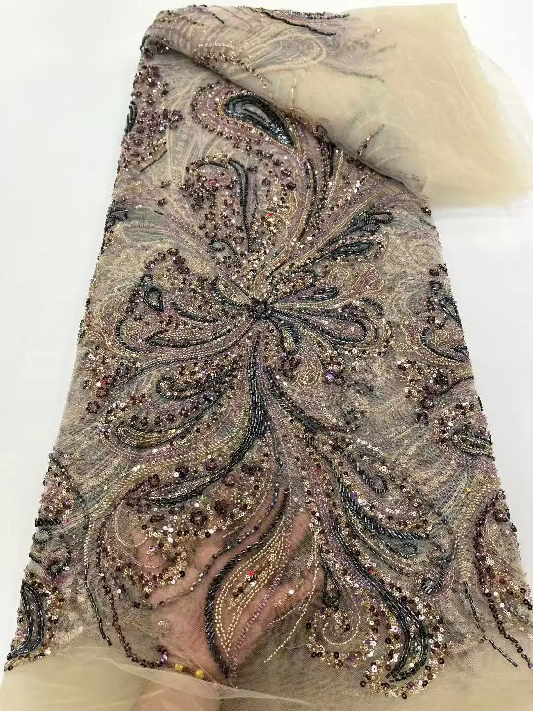 

New Design Fashion Africa Nigerian Artistic Pattern Handmade Embroidery Sequins Hot Sale French Beads Tulle Lace For Party Dress