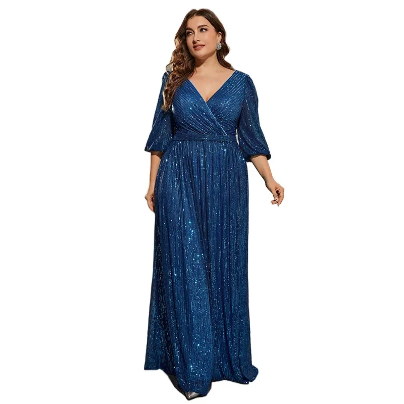 

Elegant Gorgeous Plus Size Sequined V-neck Half Sleeves Long Formal Evening Mother of Bride Dress