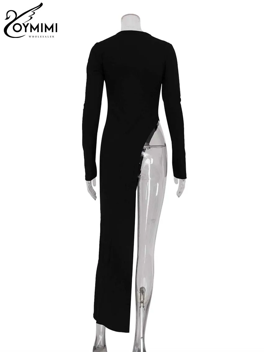 Oymimi Elegant Black Slim Women\'s Dress Fashion O-Neck Long Sleeve Solid Simple Dresses Spring New Irregular Floor-Length Dress