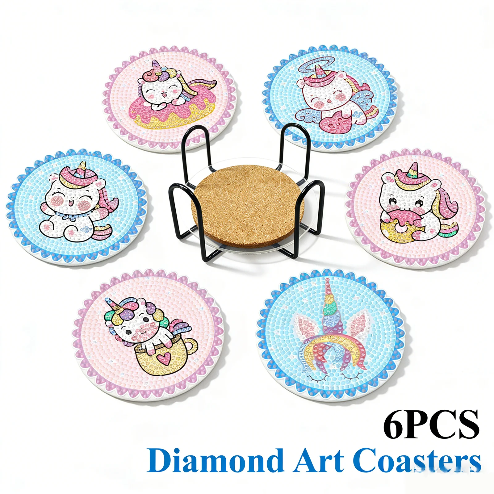 

Rainbow Unicorn Hot Selling Cartoon Diamond Painting Coasters Set 6Pcs DIY Cup Mat with Holder Kids Craft Gift Home Decor