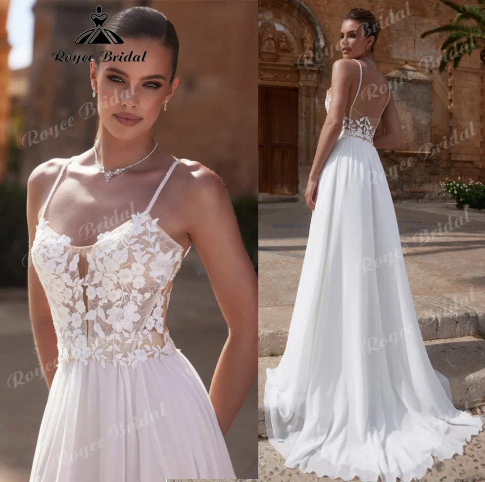 Beaded Spaghetti Strap Wedding Dress 3D Floral Lace Chiffon High Thigh Slit Low Sheer Back Chapel Train Bridal Gown Customized