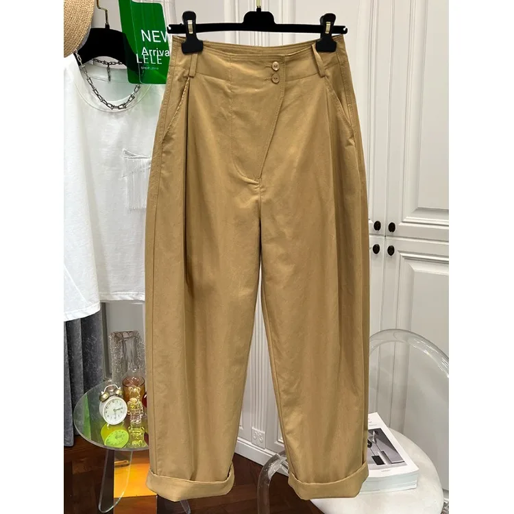 Comfortable Cotton Khaki Wide Leg Pants Women's Casual Trousers Commute All Match Pure Color Artistic Leisure Cotton Material