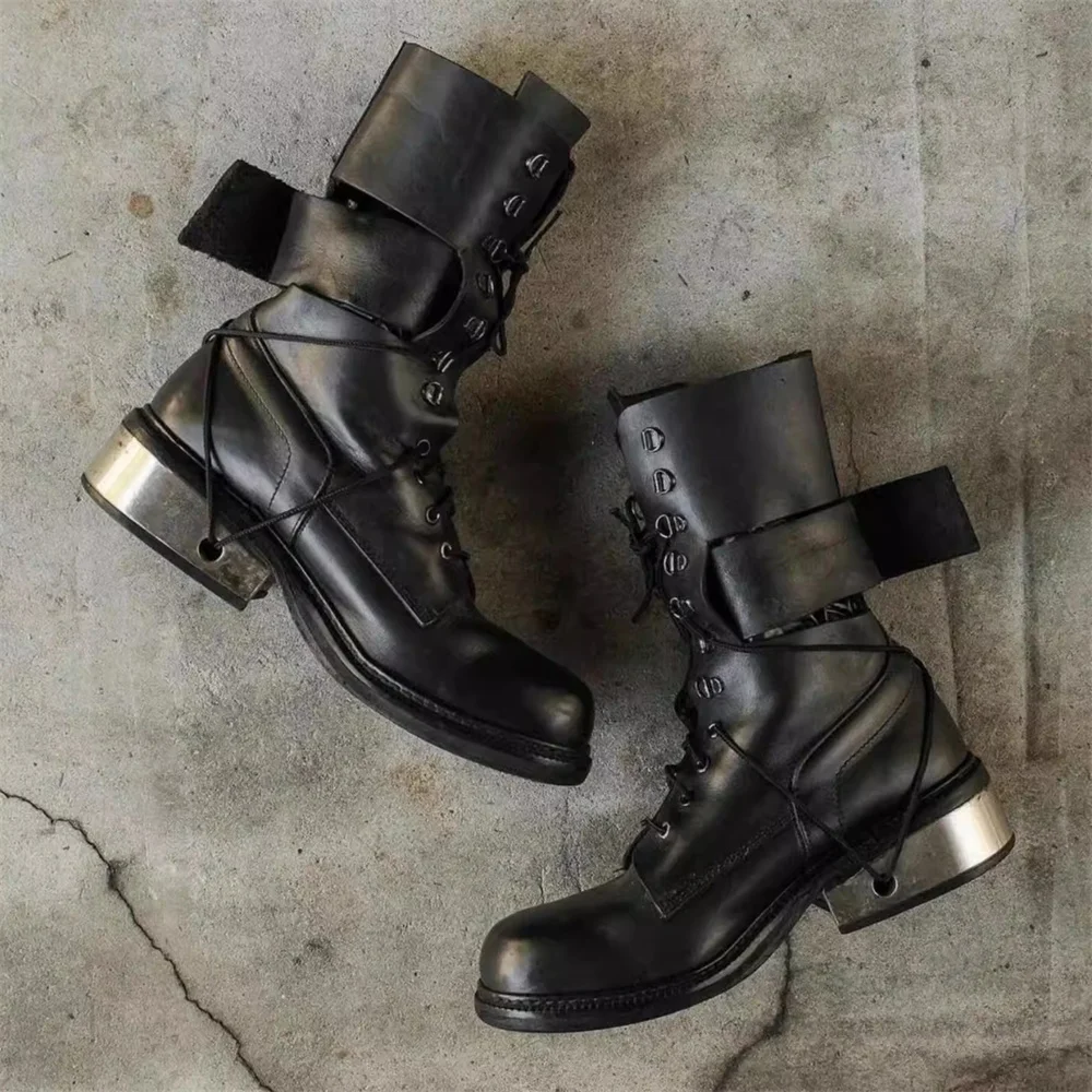 

Винтажные ботинки 90-х годов, мужские ботинки с квадратным носком и ремешком на каблуке из нержавеющей стали, крутые темные армейские ботинки, черные кожаные ботинки с перекрестным ремешком, высокий топ Bppt
