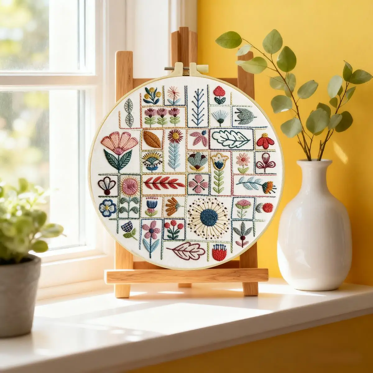 1 Stück 20X20CM/15X15CM 7,87/6,3 Zoll Stickerei-Starter-Kit mit verschiedenen Blumenmotiven DIY-Kit DIY-Stickerei-Set Handarbeiten – Detail 1