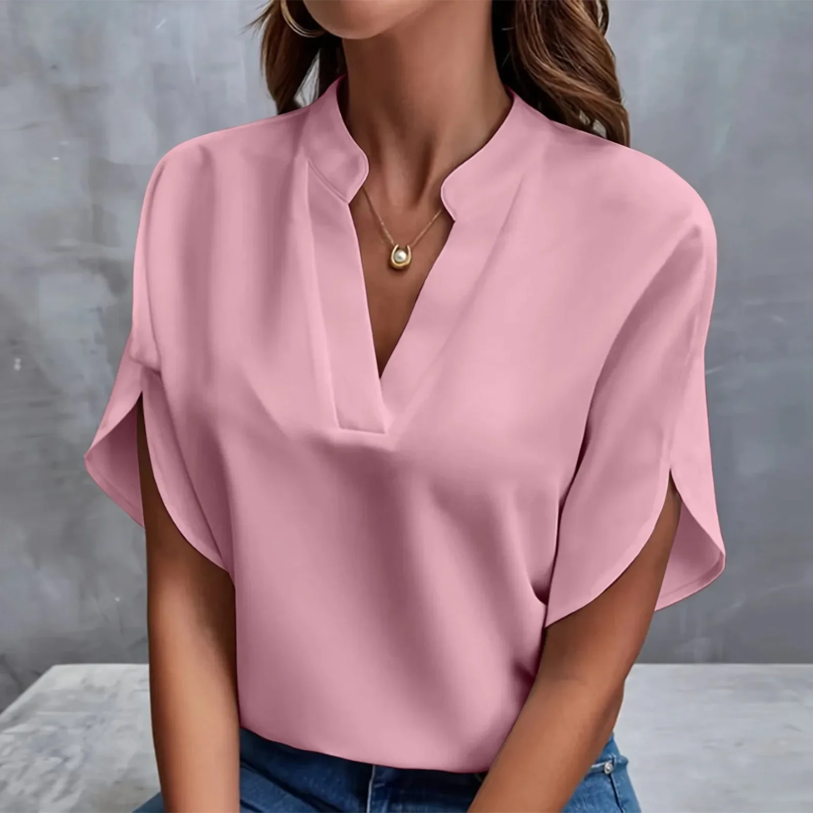 

Summer Tops For Women Blouse 2024 Fashion Short Sleeve Solid V Neck Loose Shirts And Blouses Elegant Laies White Tops