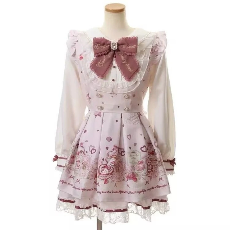 Japanese Kawaii Rhinestone Bow Dress Set Women Sweet Lolita Style Lace Pearl Cute Print Shirt Dresses Gothic Y2k Tea Party Dress
