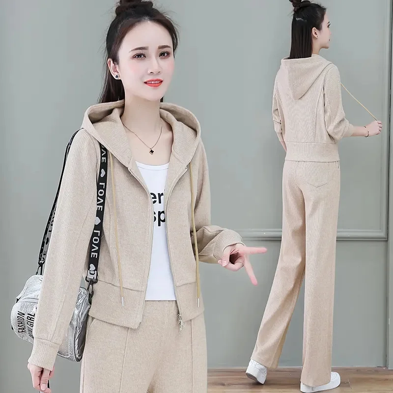 

Casual Sportswear Sports Sweater Suit Women's 2023 Spring Dress Western Style Aging High-end Slim Wide-leg Pants Two-piece Suit