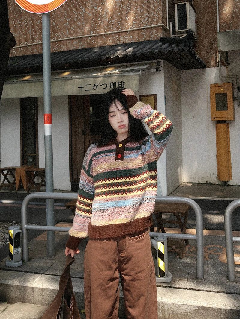 

TRYPE22 Американский ретро-свитер с цветным воротником и полосатым дизайном, повседневный, универсальный, модный, осенний, теплый, для женщин