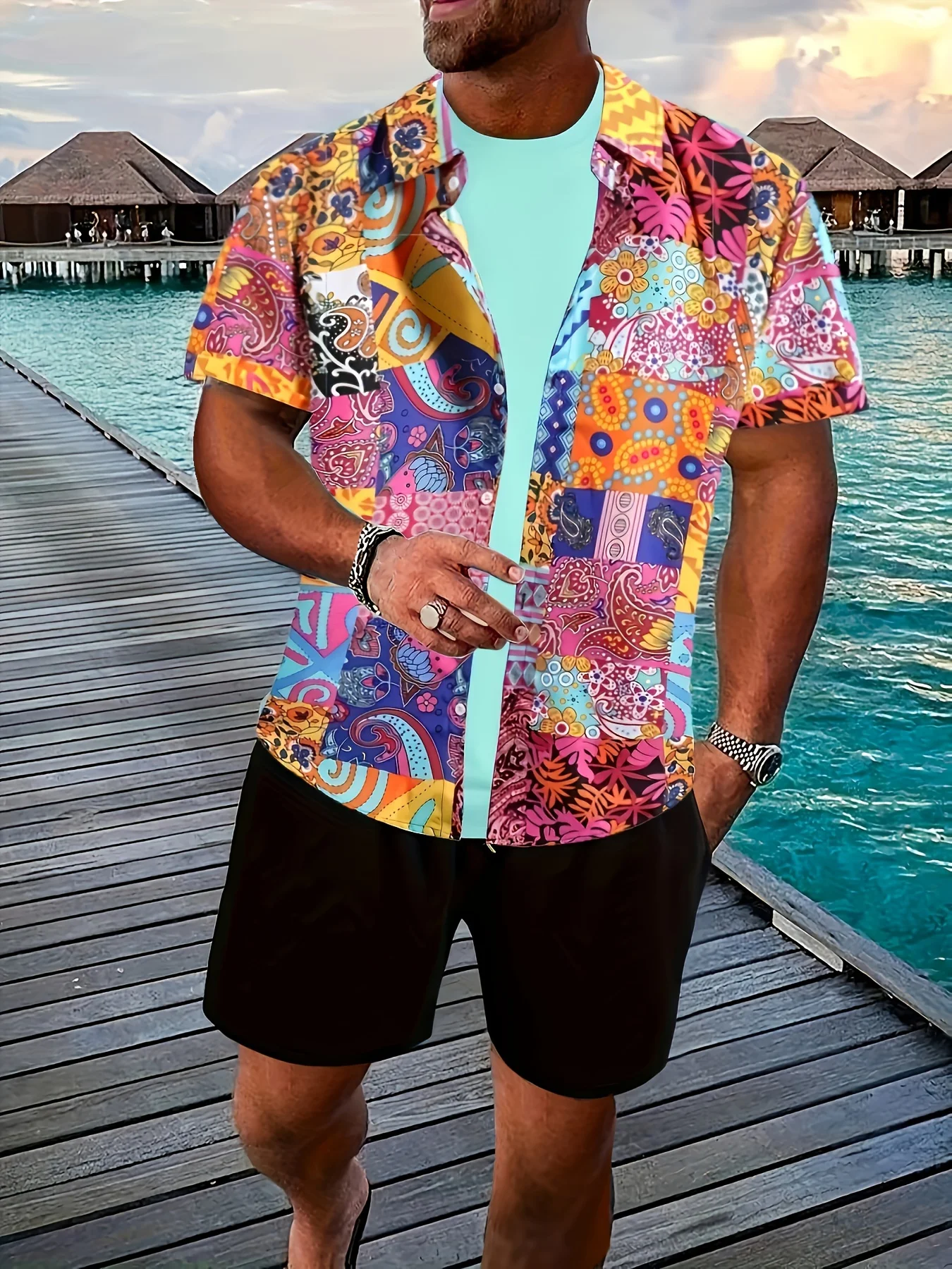 Camisa masculina casual de manga curta primavera, verão e outono com estampa patchwork paisley, adequada para feriados e passeios casuais