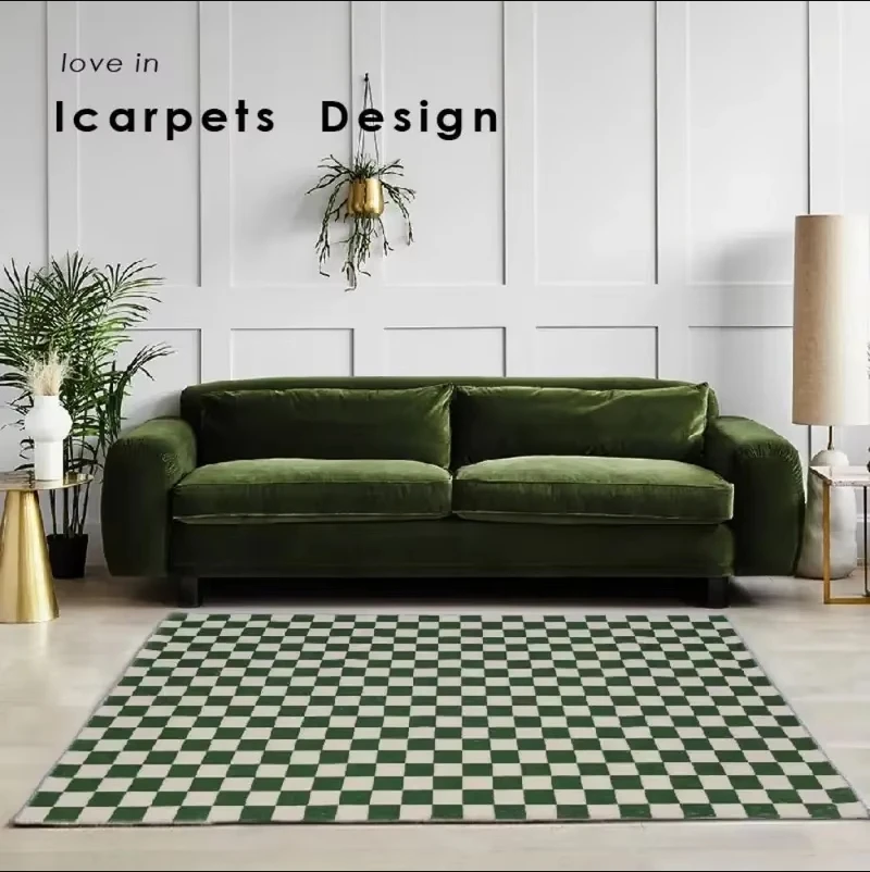 VIKAMA Carpet Checkered Living Room and Bedroom Carpet Green and White Checkered Modern Ins Moroccan Floor Mat Home Decoration