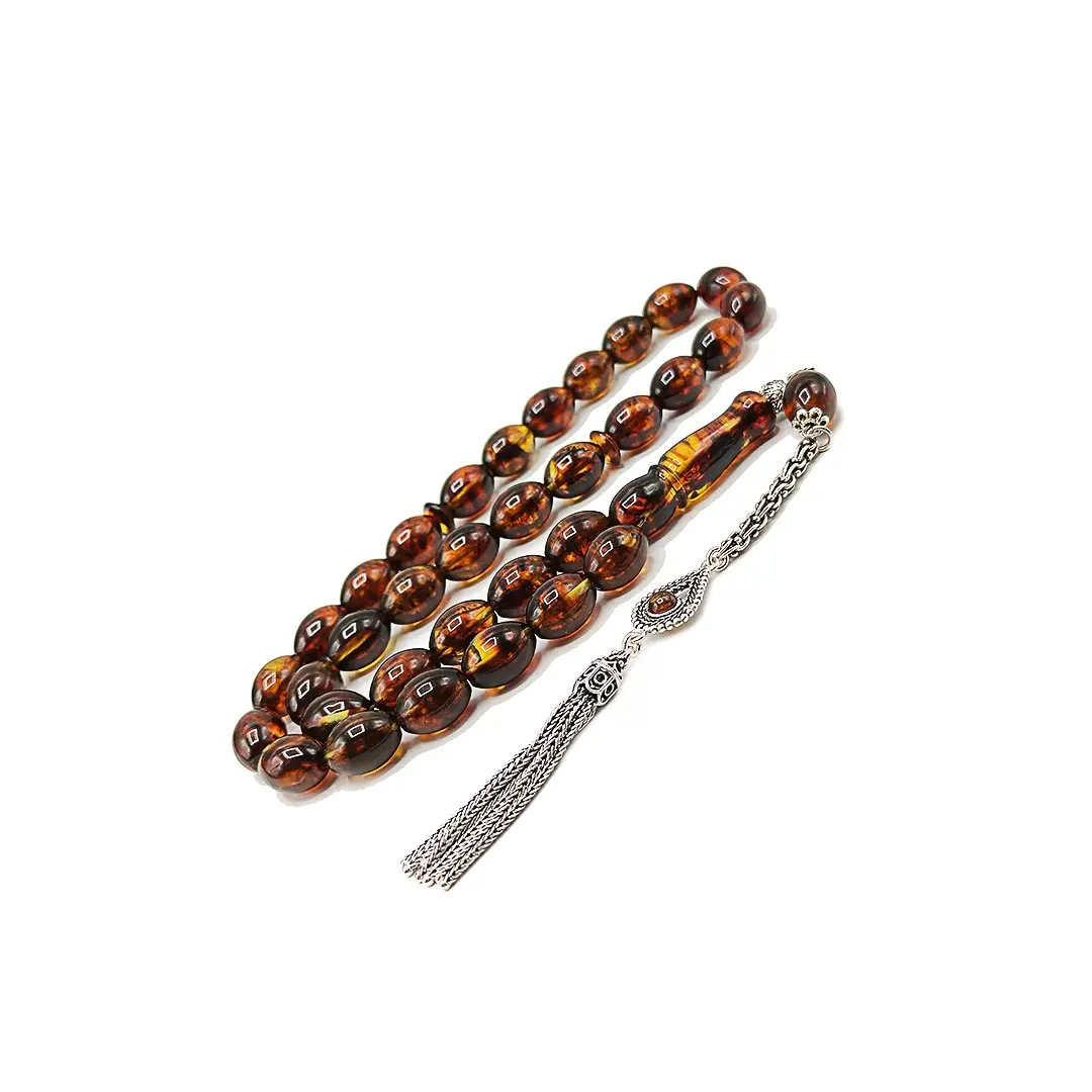 Natural Baltic Amber Tasbih, 925 Sterling Silver, Amber Beads, Misbaha, Islamic Rosary, Kehribar Tesbih, 9x12 mm, 22 Gram