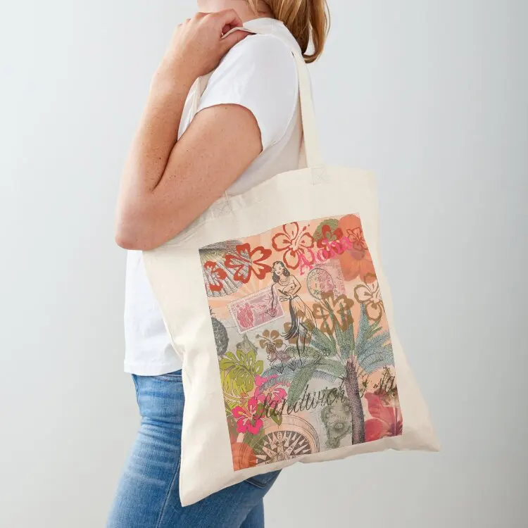 

Vintage Colorful Hawaii Tropical Flower Hula Collage Tote Bag shopping bag female bag Women bags shoping