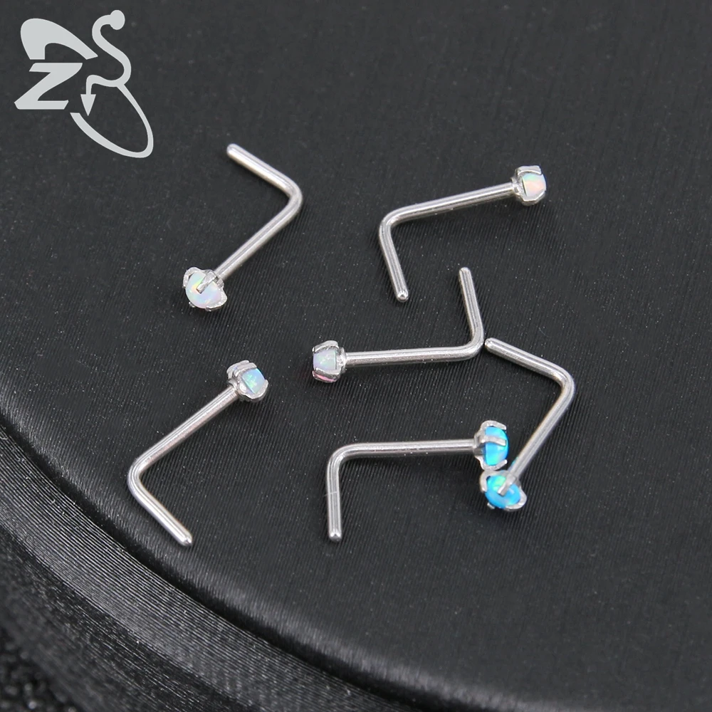 ZS 3-6pcs/lot Blue Color Opal Nose Studs Stainless Steel Nose Piercing Round Screw S-Shaped Nostril Piercing Body Jewelry 18/20G