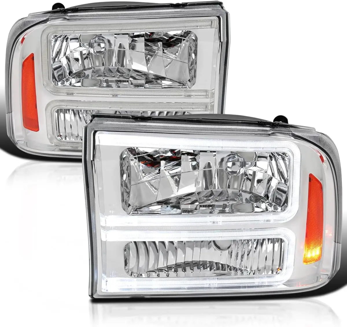 

Chrome Headlights with LED Bar Compatible with 1999-2004 Ford F-250, F-350, F-450 SuperDuty, 2000-2004 Excursion, Left + Right H