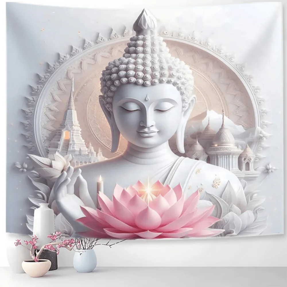 

pure and peaceful Buddha statue tapestry, elegant white lotus flower wall decoration, suitable for bedroom and living room as