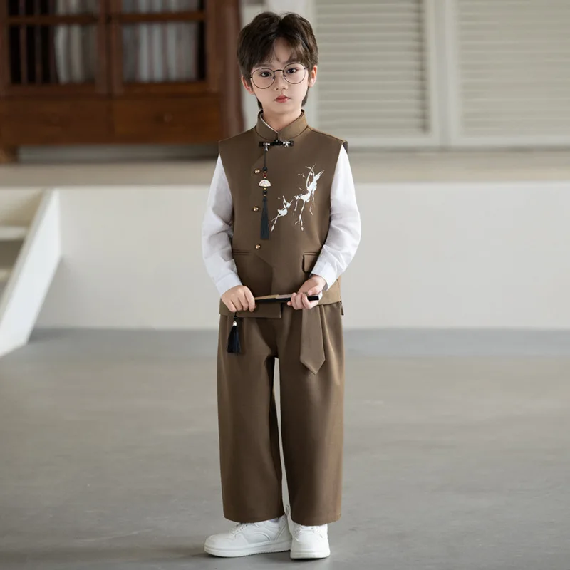Boys Chinese Ink Deer Print Tang Suit Vest Set Inner Shirt Wide Pants for Kids Spring Festival Party Daily Performance Outfit