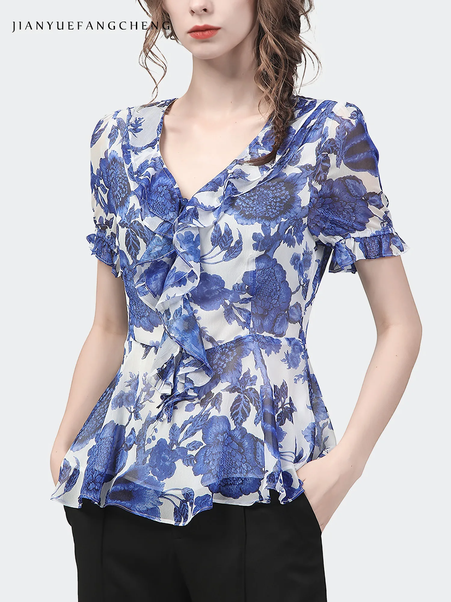 Fashion Blue Floral Printed Chiffon Blouse Women Short Sleeve V-Neck Ruffles Summer Tops Elegant Slim Fit Vintage Casual Shirts