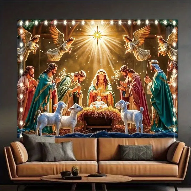 VIKAMA Religious Nativity Scene Tapestry Jesus Manger Angel Virgin Mary Wall Hanging Christmas Home Wall Art Decoration