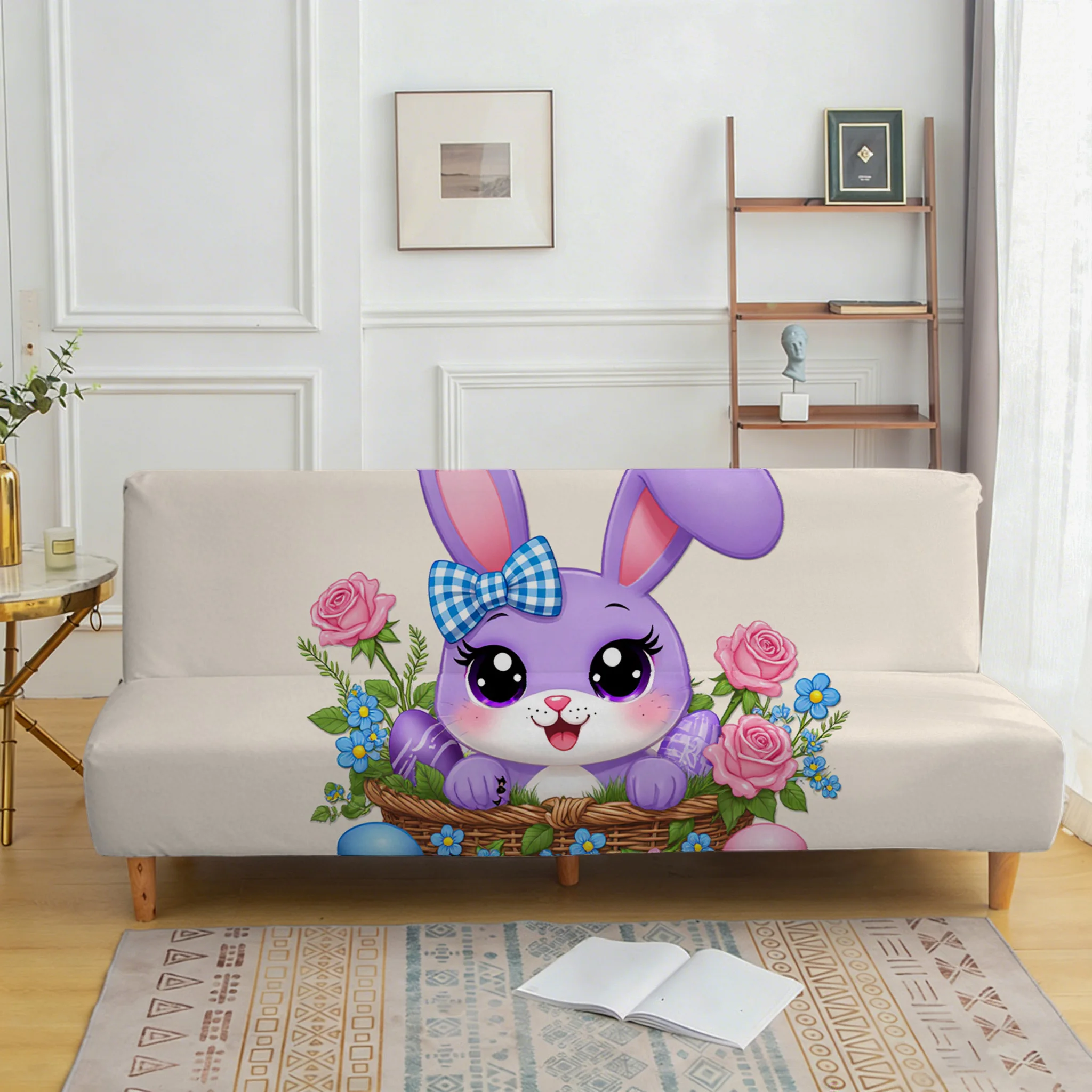Flower basket rabbit sofa bedspread, elastic armless sofa cover, dust-proof and non-slip furniture protective cover