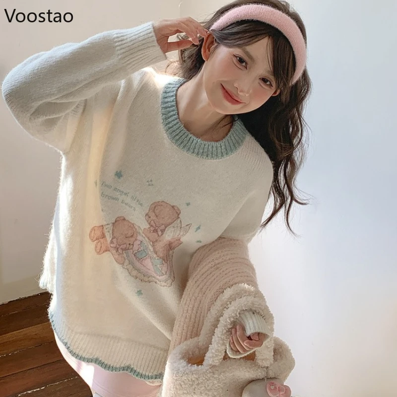 

Осень-зима Kawaii Лолита стиль вязаные пуловеры женские милые свободные свитера с мультяшным медведем топы женские повседневные трикотажные пальто Y2k