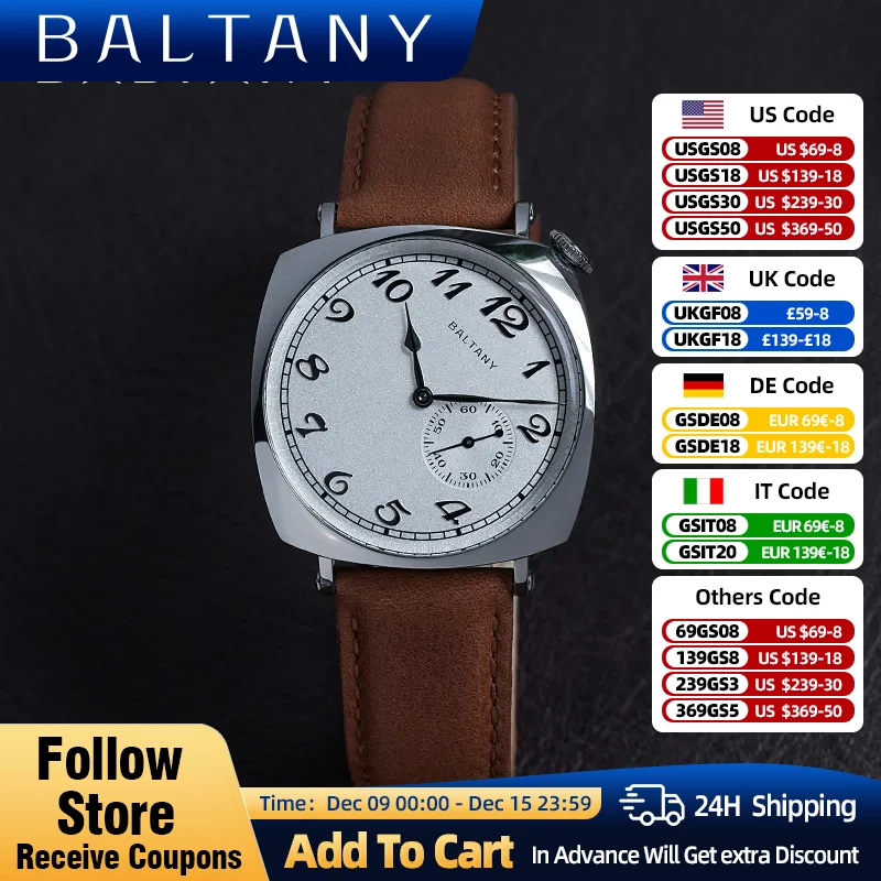 Baltany 1921 Retro Homage Wristwatch Seagull ST1701 Sapphire Crystal Heated Blue Hands 5ATM Stainless Steel Square Vintage Watch