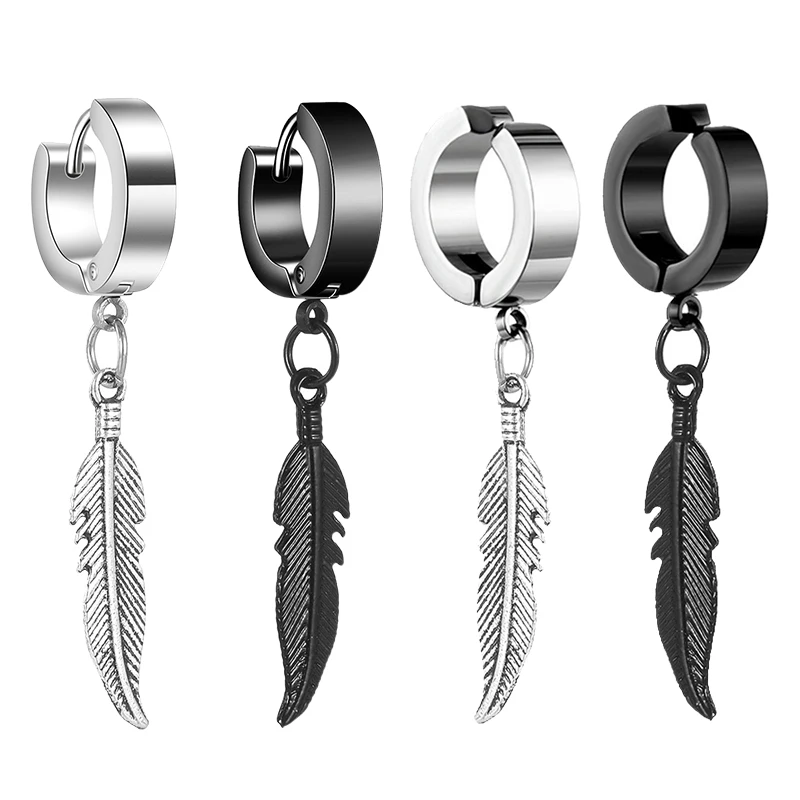 1 Pairs Fashion Cross Feather Stud Earrings Punk Rock Style for Women Men High Quality Stainless Steel Hiphop Ear Jewelry Gift