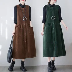 2025 Spring Autumn New Retro Corduroy Vest Strap Dress Women's Solid Color Temperament Single breasted Sleeveless Tank Dresses