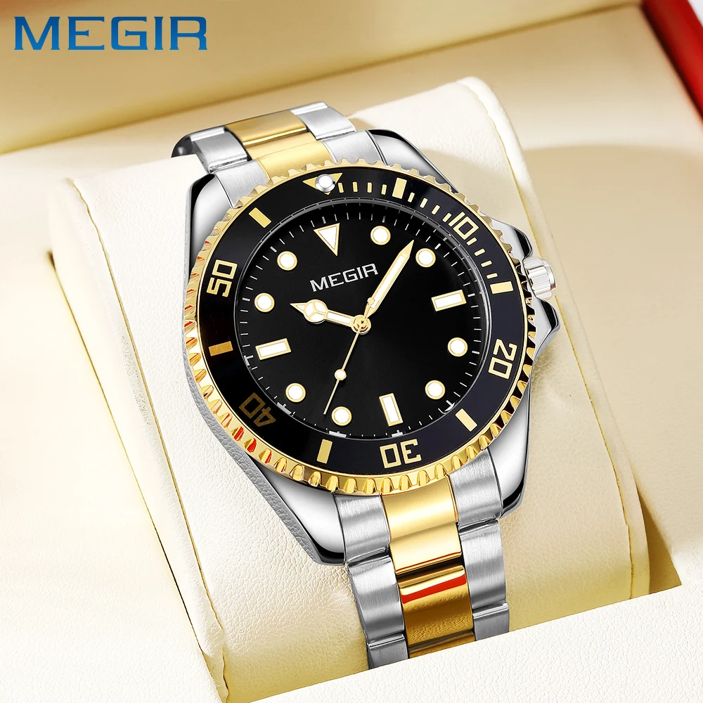 MEGIR العلامة التجارية أزياء الرجال كوارتز ساعة الصلب حزام عرض التقويم الساعات الكلاسيكية رجل فاخر للماء ساعة اليد على مدار الساعة