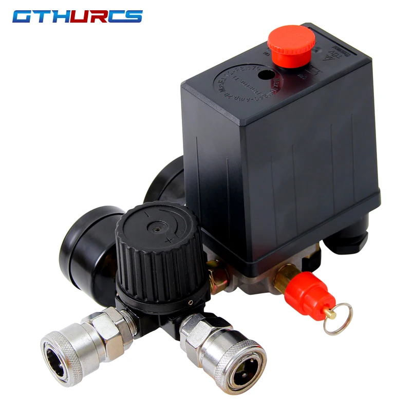 220V/380V 4 Port Regulator Duty Air Compressor Pump Pressure Control Switch Air Pump Control Valve 90-120PSI With Gauge