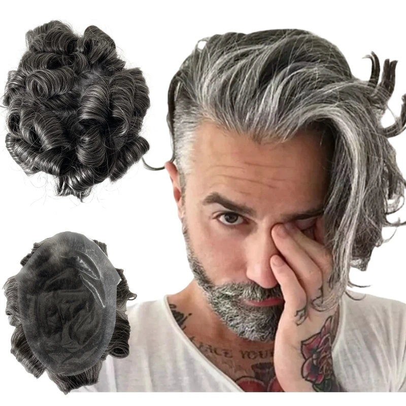 European Virgin Human Hair Hairpiece 1b40 Grey Toupee 8x10 Knots PU Unit for Old Men