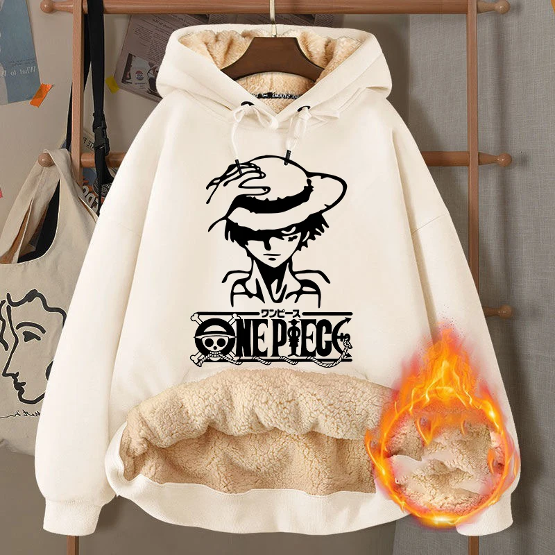 

One Piece Adult Lamb Wool Pullover Hoodies Boys Cartoon Anime Sweatshirt Tops Men's Trendy Fashion Jacket Tops Winter Homewear