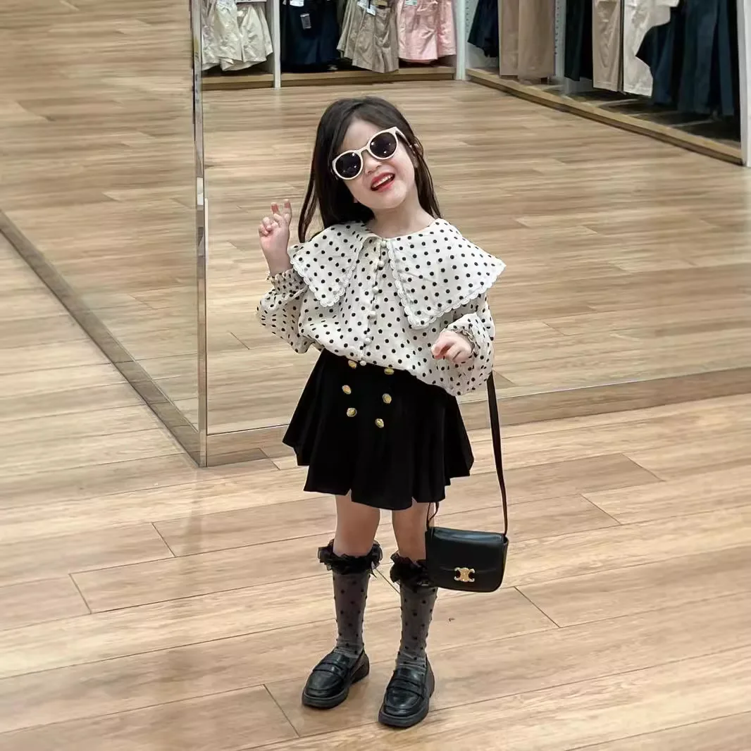 

Girl Shirt Autumn New 2024 Flip Collar Wave Point Baby Pleated Skirt Casual Simple Fashion Sweet Korean Active Vintage Cute Soft