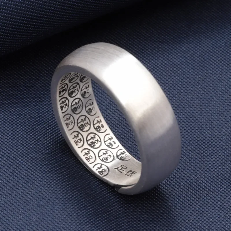 

999 Pure silver Ancient Method Plain Face Ring Retro Real Wide Luck Character Adjustable Rings Jewelry For Men And Women