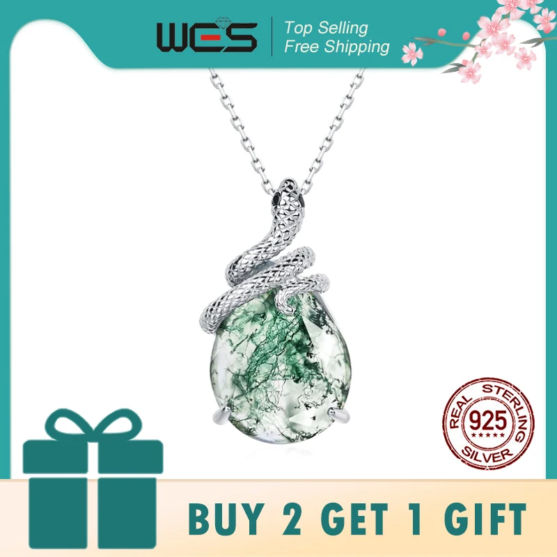 

WES 925 Sterling Silver Natural Moss Agate 10*13mm Snake Pendant Necklace for Women Engagement party Animal Forest Jewelry Gift