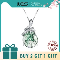 WES 925 Sterling Silver Natural Moss Agate 10*13mm Snake Pendant Necklace for Women Engagement party Animal Forest Jewelry Gift