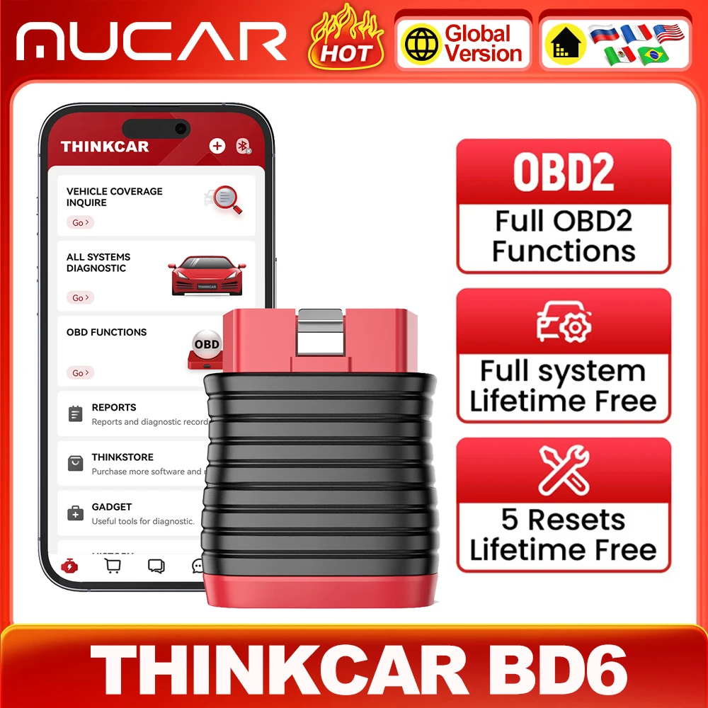 Thinkcar BD6 2024 Car Scanner Full System Diagnostic Tools Oil/Brake/IMMO Key/ETS/ABS 5 Resets Car Code Reader Mucar Scan Tool