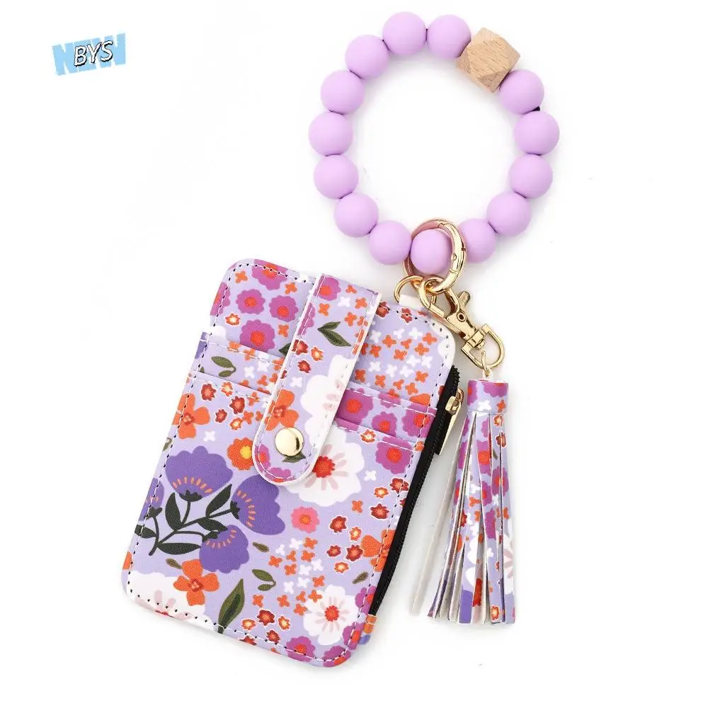 

Fragmented Design Silicone Bead Bracelet Keychain Boho Style Flower Pattern Wristlet Wallet Keychain Tassel Decoration