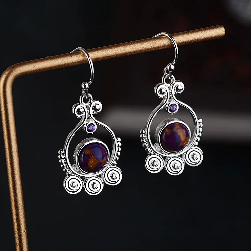 New Exotic Rotating Charoite Drop Earrings For Women 925 Sterling Silver Fashion Purple Turquoise Dangle Ear Jewelry